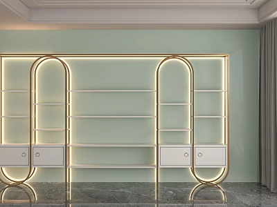 Modern Display Shelves With Golden Lines Arched Design And White Drawers Against Light Green Wall 3d model