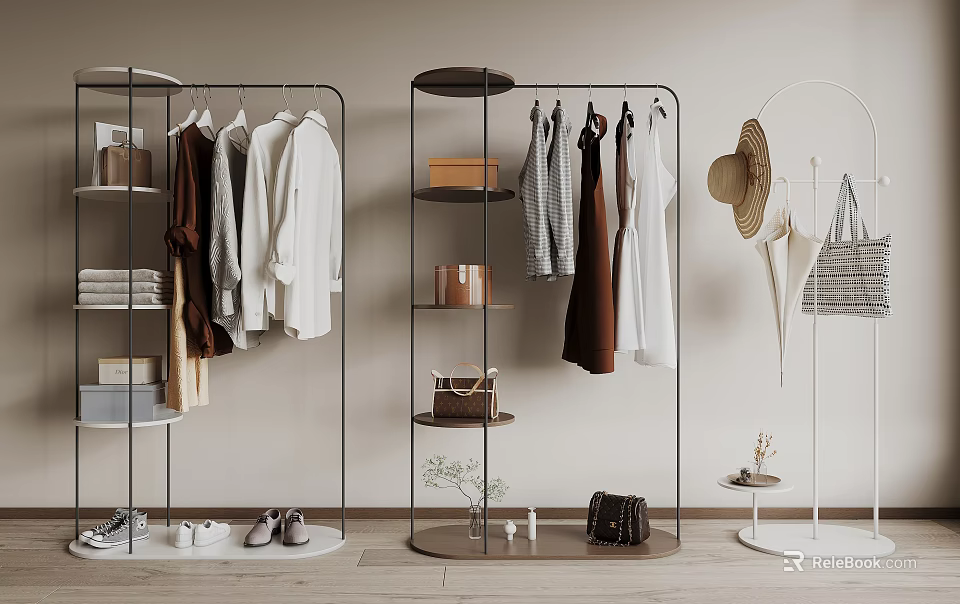Stylish Clothing Racks Displaying Clothes Bags And Shoes 3d model 