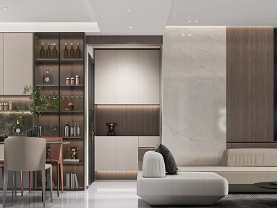 Modern Dining and Living Room Interior With Marble Wall Wooden Cabinets And Sofa 3d model