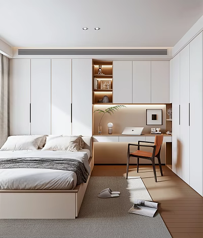 Tatami Bedroom Interior Design With White Wardrobes Desk Chair Green Plant And Decorative Painting 3d model