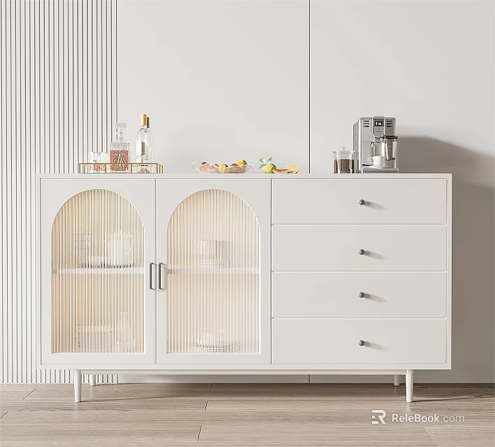 White Modern Sideboard With Arched Glass Doors Drawers Fruits And Coffee Machine 3d model 