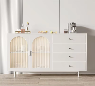 White Modern Sideboard With Arched Glass Doors Drawers Fruits And Coffee Machine 3d model