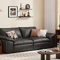 Modern Living Room Interior With Black Leather Sofa Throw Pillows Floor Lamp And Decorative Shelves
