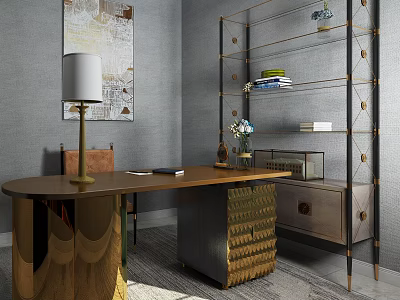 Modern Luxury Desk With Gold Accents Shelf Unit Drawer Cabinet And Table Lamp 3d model