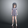 3D Anime Character Girl Standing In Gray Outfit With Red Eyes And Gray Hair