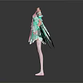 Anime Character Dresses With Pink And Light Green Layered Skirts White Stockings And Shoes