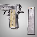 Intricately Engraved Silver Pistol Featuring Decorative Wooden Grip And Floral Patterns
