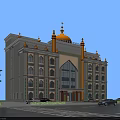 European Architecture With Golden Dome Ornate Details Beige Exterior Road Trees And Cars Front View