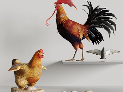 Colorful Rooster And Brown Hen With White Pigeon And Eggs On Shelf 3d model