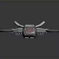 Futuristic Flying Drone With Silver Body Red Front Blue Lights And Four Propellers