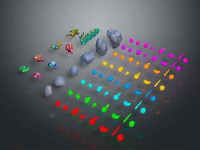 Colorful Small Game and Movie Characters with Stones and Various Geometric Shapes 3d model
