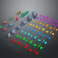 Colorful Small Game and Movie Characters with Stones and Various Geometric Shapes