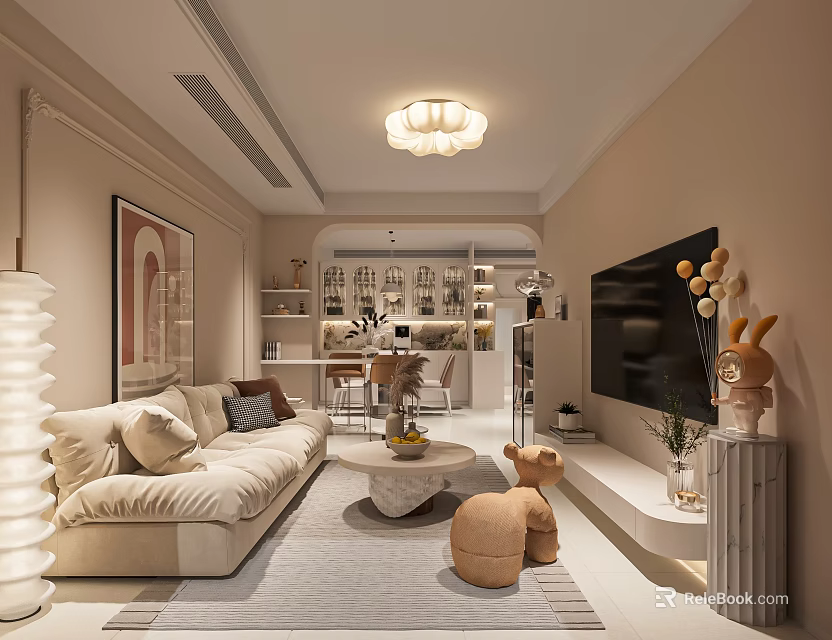 Cozy Modern Living Dining Room Interior With Beige Sofa Coffee Table TV And Decorative Painting 3d model 