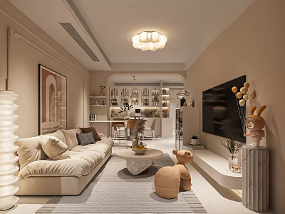 Cozy Modern Living Dining Room Interior With Beige Sofa Coffee Table TV And Decorative Painting 3d model