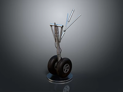 Black Aircraft Tires with Rims and Silver Metal Landing Gear on Display Stand 3d model