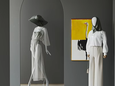 Fashion Mannequins Wearing White Dress Top and Beige Pants Against Grey Wall Yellow Ostrich Art 3d model