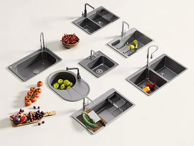 Different Kitchen Sinks With Faucets And Fresh Fruits Vegetables 3d model