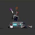 Red Blue And White Robot Warriors Fighting With Orange Pink Weapons And Vehicles