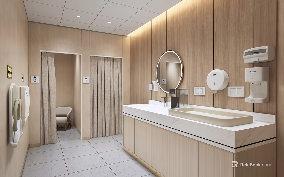 Modern Bathroom Interior With Wooden Walls White Countertop Round Mirror Sink Stalls And Tile Floor 3d model 