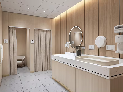 Modern Bathroom Interior With Wooden Walls White Countertop Round Mirror Sink Stalls And Tile Floor 3d model