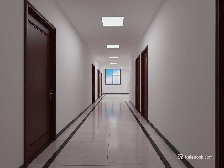 Bright Office Corridor Featuring Dark Wooden Doors Ceiling Lights Tiled Floor and End Window 3d model 