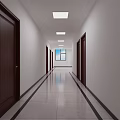 Bright Office Corridor Featuring Dark Wooden Doors Ceiling Lights Tiled Floor and End Window
