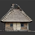 Traditional Thatched Roof House Model With Tile Decorations Windows And Door