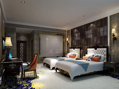 Luxurious Hotel Guest Room With Twin Beds Headboard Wall And Decorative Lighting 3d model