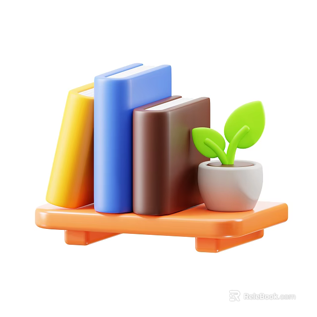 Decorative Ornament Set with Orange Shelf Colorful Books and Green Plant Pot 3d model 