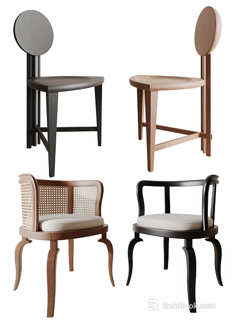 Modern Dining Chairs With Wooden Frame Rattan Backrest And Upholstered Seat Design 3d model 