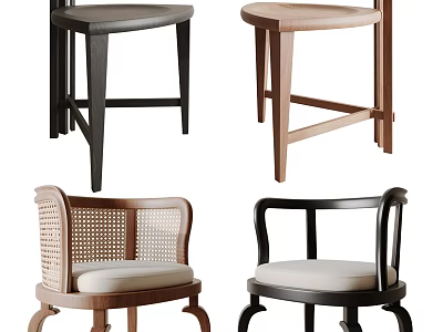 Modern Dining Chairs With Wooden Frame Rattan Backrest And Upholstered Seat Design 3d model