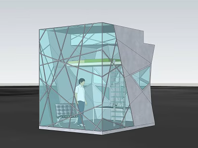 Modern Glass Building with Geometric Frame Transparent Design and Interior Person View 3d model
