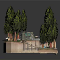 Miniature Garden Scene Featuring Tall Trees Small Pavilion Stream Stones And Plants