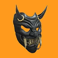 Black Decorative Mask Ornament Set With Horns And Fangs On Orange Background