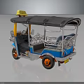 Blue Three Wheeler Motorcycle With Black Roof Yellow Light Red Wheels And Rear Railings
