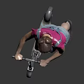 Woman in pink T-shirt and denim overalls shorts riding electric scooter against plain grey background
