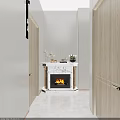Modern Interior Hallway With Marble Fireplace Wooden Cabinets And Decor Items Lit Fire