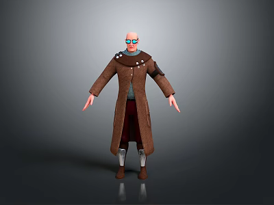 3D Character Model Wearing Brown Long Coat Blue Glasses Extended Arms And Decorative Buttons 3d model