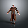 3D Character Model Wearing Brown Long Coat Blue Glasses Extended Arms And Decorative Buttons