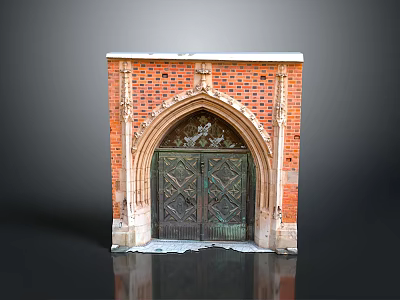 Ornate Red Brick Archway Featuring Carved Details And Wooden Double Doors With Intricate Patterns 3d model