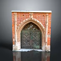 Ornate Red Brick Archway Featuring Carved Details And Wooden Double Doors With Intricate Patterns