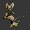 3D Rabbit Character With Large Ears Goggles On Yellow Surfboard Holding Ropes