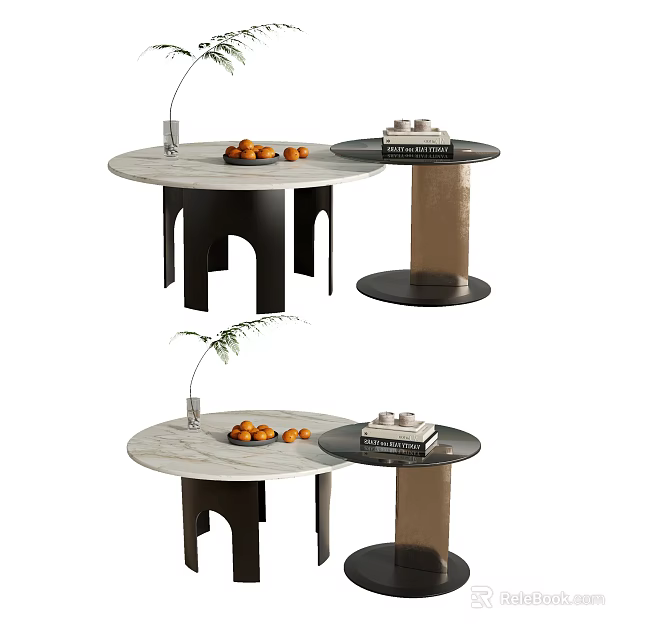 Modern Round Coffee Tables Set With Marble Top Black Legs Oranges Books And Vase 3d model 