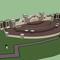 Classical Plaza Landscape With Stone Wall Decorative Columns And Ornate Fountains