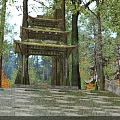 Serene Ancient Chinese Pagoda Gate In Lush Green Forest With Mossy Stone Stairs Beautiful Landscape