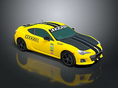 Yellow Tracker Kicker Race Sports Car With Black Stripes And Sponsor Logos 3d model