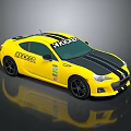 Yellow Tracker Kicker Race Sports Car With Black Stripes And Sponsor Logos