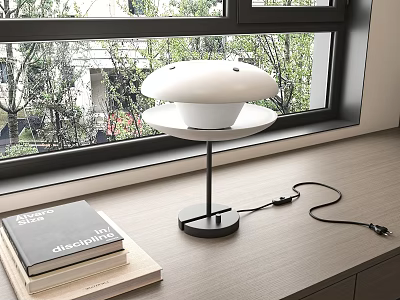 Modern Desk Lamp on Wooden Table by Window with Books and Green Plants View 3d model