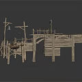 Wooden Stilt Supported Waterfront Building With Platforms Railings And Small Boat