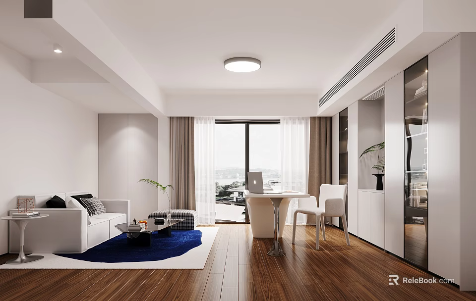 Modern Study Room With Sofa Table And Large Window 3d model